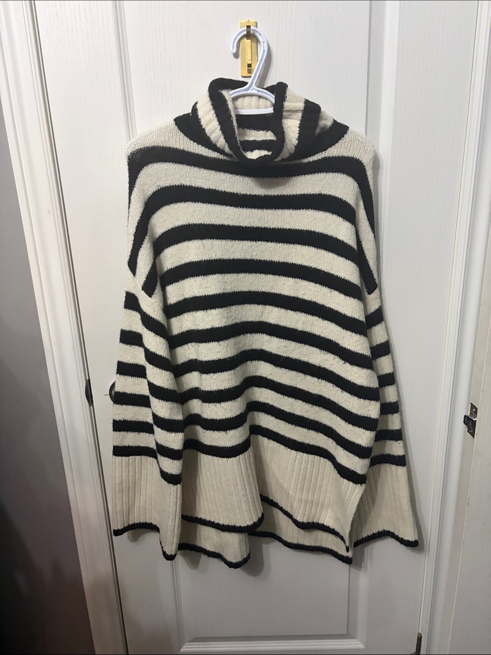 Buffalo David Bitton Black and Cream Striped Turtleneck Poncho Sweater